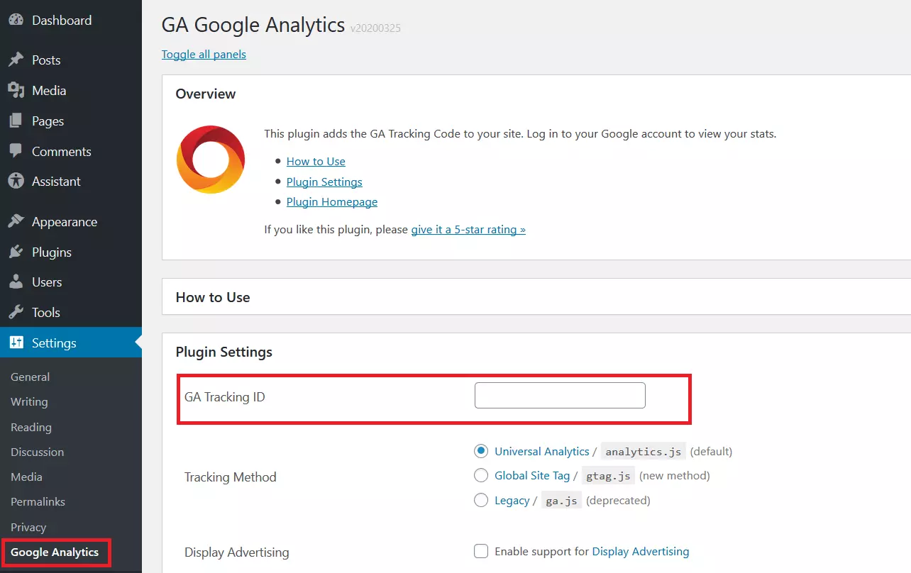 Immagine: Impostazioni del plug-in “GA Google Analytics”
