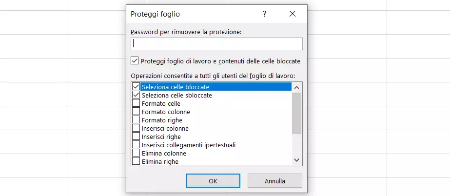 Immagine: Schermata della finestra di dialogo denominata proteggi foglio
