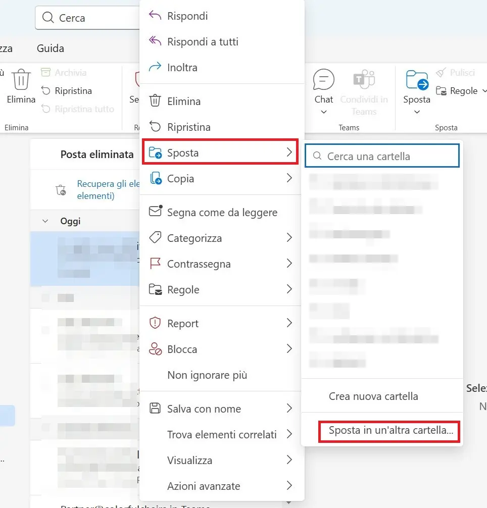 Menu di scelta rapida di un’e-mail nella cartella “Posta eliminata” Immagine: Menu di scelta rapida di un’e-mail nella cartella “Posta eliminata”