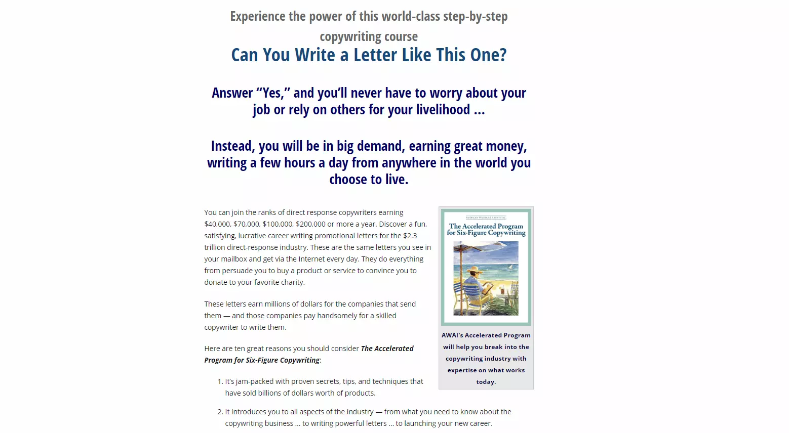 Pagina di destinazione di AWAI per il corso online “The Accelerated Program for Six-Figure Copywriting”