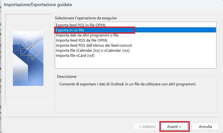 Immagine: Procedura guidata di importazione ed esportazione di Outlook: azioni possibili