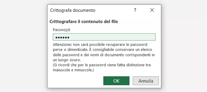 Immagine: Schermata della finestra di dialogo denominata crittografia documento