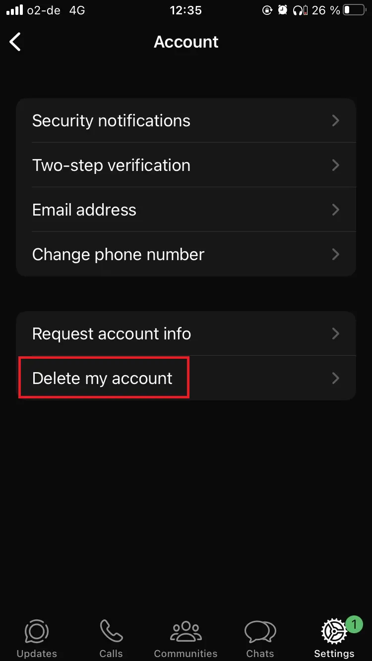Menu Elimina account di WhatsApp Immagine: Menu Elimina account di WhatsApp