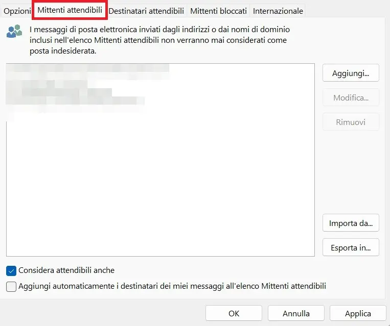 Immagine: Menu Outlook “Mittenti attendibili”