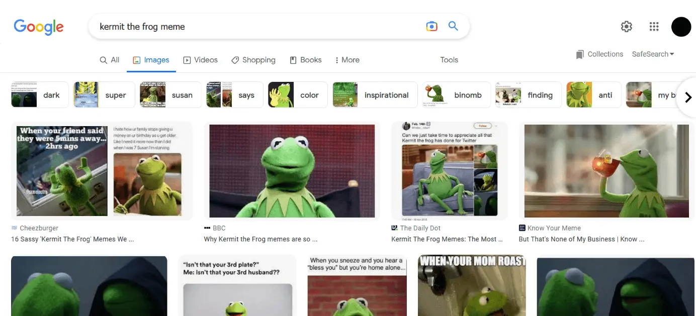 Schermata di una ricerca su Google “kermit the frog meme” Immagine: Schermata di una ricerca su Google “kermit the frog meme”