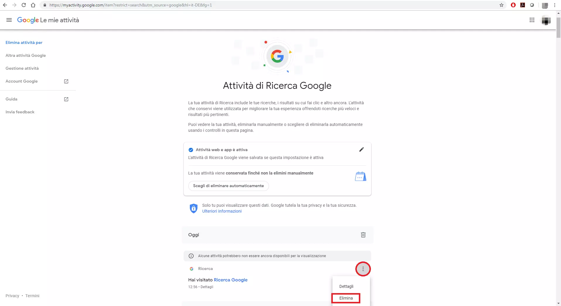 Cronologia delle attività di Google: eliminazione manuale di voci