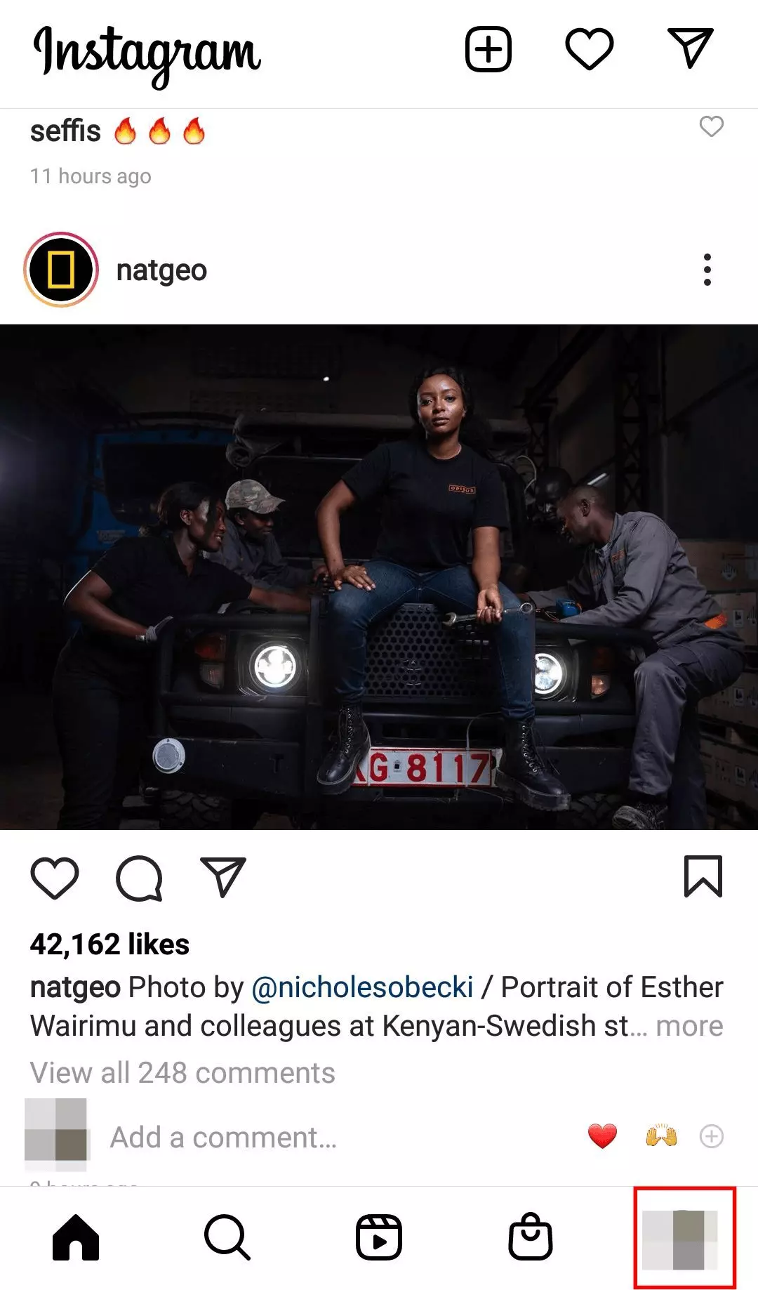Applicazione di Instagram con l’icona del profilo in basso a destra