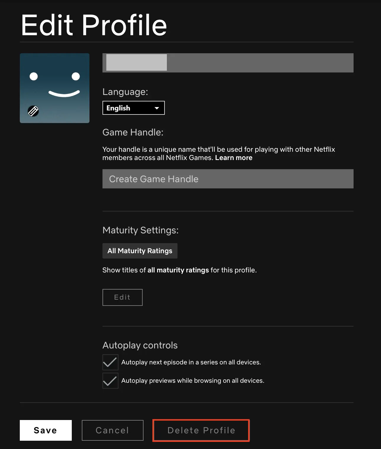 Immagine: Versione browser di Netflix con il menu “Modifica profilo” e l’opzione “Elimina profilo”
