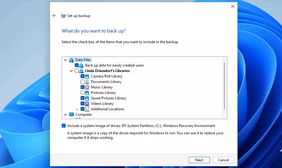 Immagine: Backup di Windows 11: selezione dei file di cui eseguire il backup