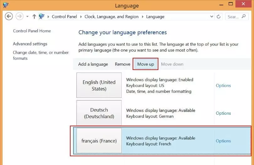 Stabilire la nuova lingua come lingua di visualizzazione principale