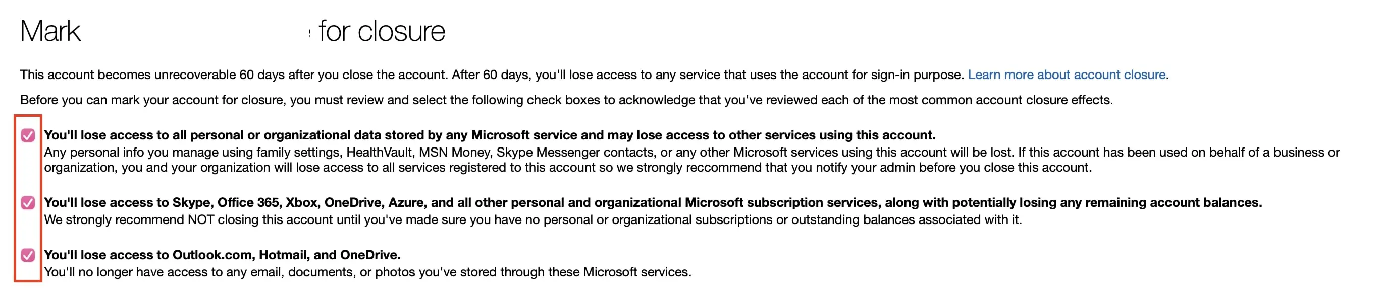 Immagine: Eliminare un account Microsoft: conferma delle informazioni