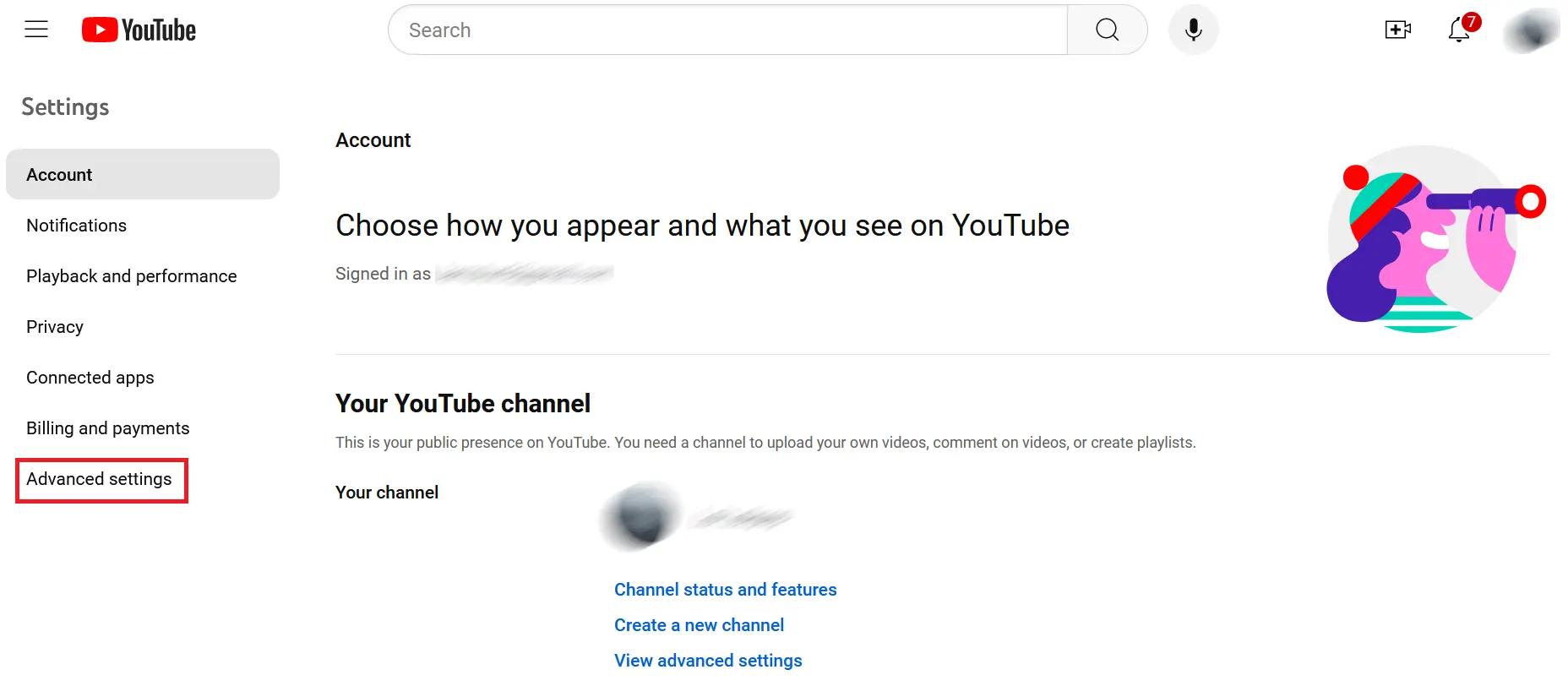 Immagine: “Impostazioni avanzate” nel menu di YouTube