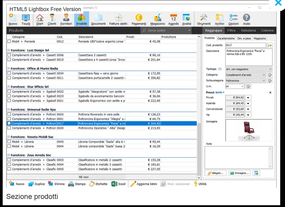 Immagine: Screenshot interfaccia utente di Danea Easyfatt: sezione prodotti