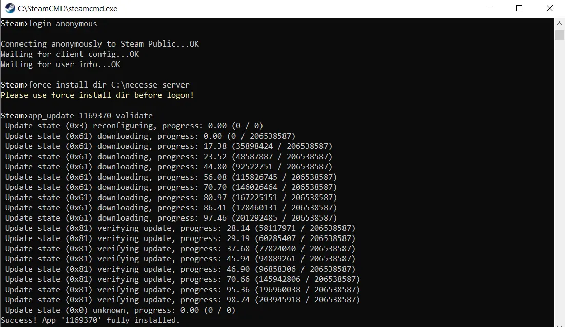 SteamCMD: installazione dell’app “Necesse Dedicated Server” Immagine: SteamCMD: installazione dell’app “Necesse Dedicated Server”