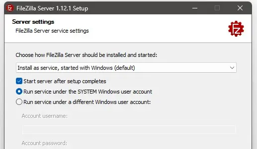 Immagine: Impostazioni del server FileZilla con numero di porta