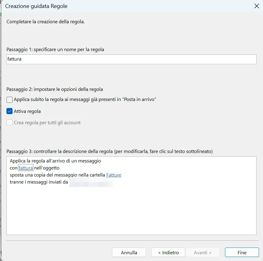 Creazione guidata Regole di Outlook: assegnazione nome e opzioni delle regole Immagine: Creazione guidata Regole di Outlook: assegnazione nome e opzioni delle regole