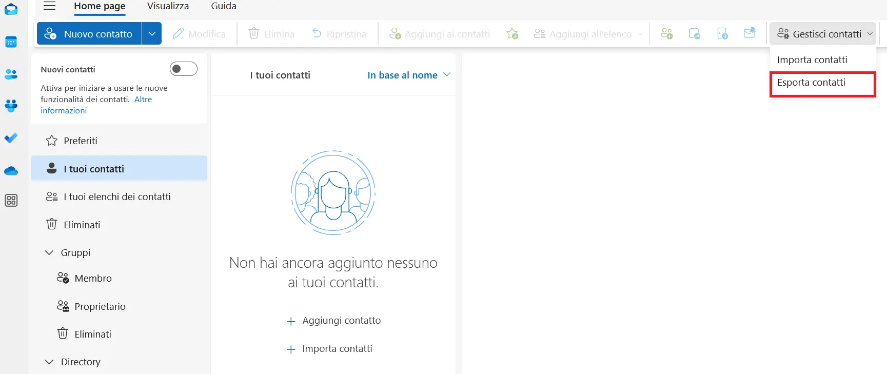 Immagine: Esportazione dei contatti nella versione web di Outlook