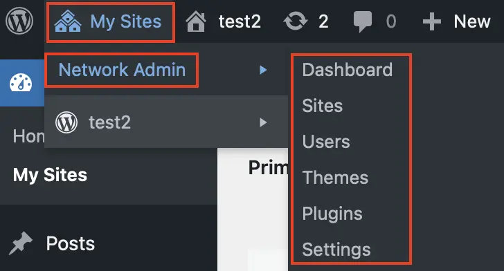 WordPress Multisite: “Gestione network” con le voci di menu “Bacheca”, “Siti”, “Utenti”, ecc. Immagine: WordPress Multisite: “Gestione network” con le voci di menu “Bacheca”, “Siti”, “Utenti”, ecc.