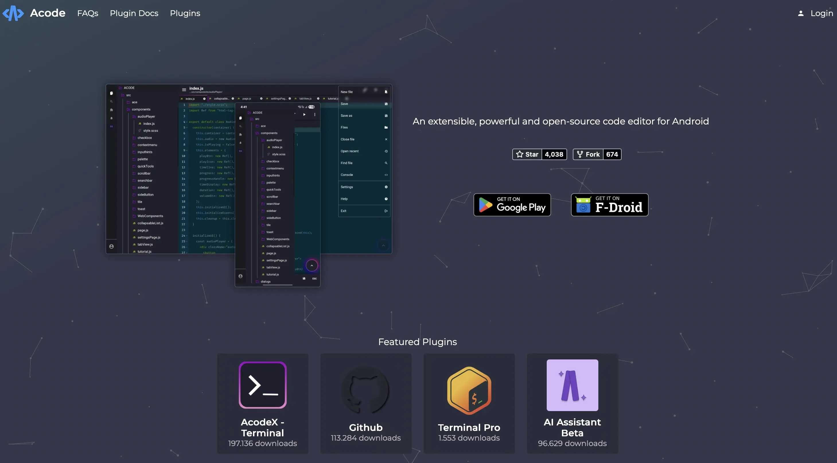 Screenshot del sito di Acode Immagine: Screenshot del sito di Acode