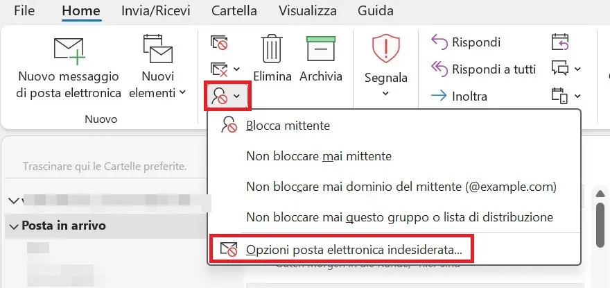 Immagine: Opzioni della “Posta indesiderata” nella barra multifunzione classica di Outlook