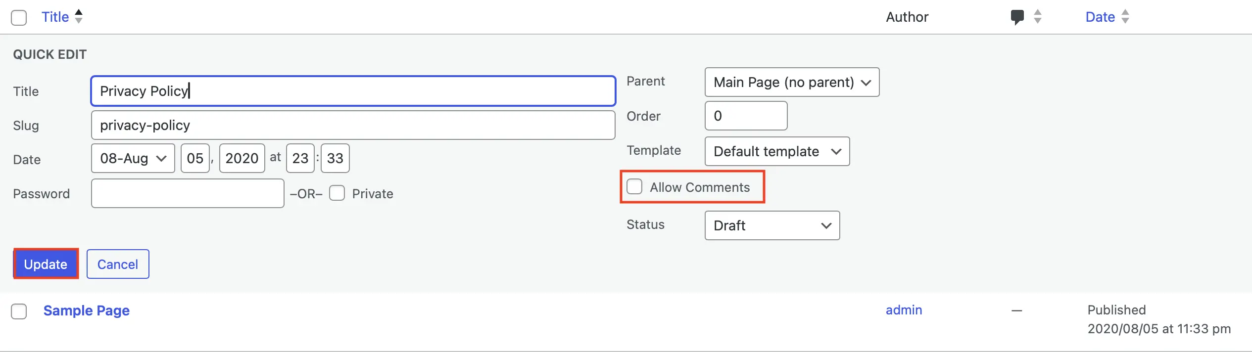 Campo di “Modifica rapida” nella sezione “Pagine” con varie impostazioni, tra cui “Permetti di commentare” Immagine: Campo di “Modifica rapida” nella sezione “Pagine” con varie impostazioni, tra cui “Permetti di commentare”