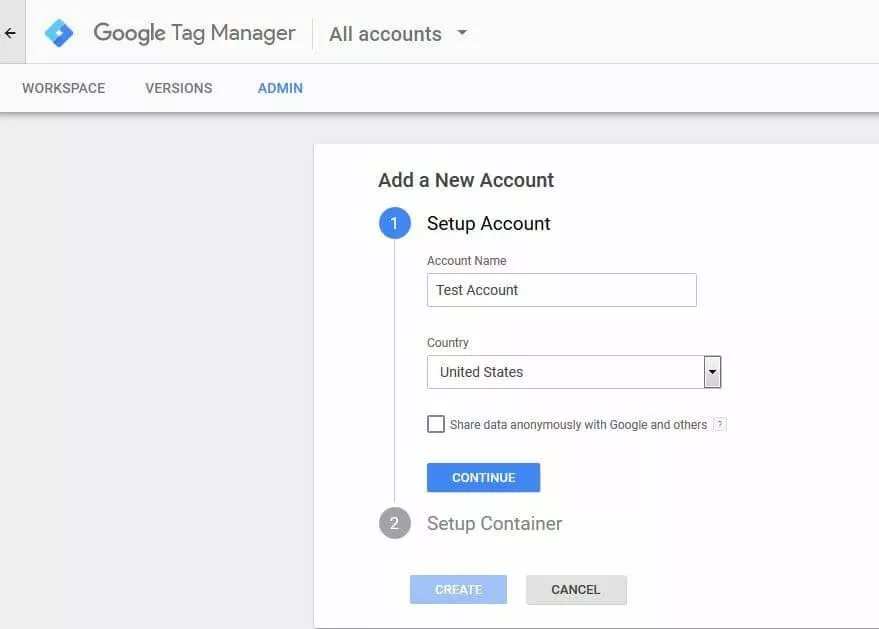 Configurazione dell’account di Google Tag Manager