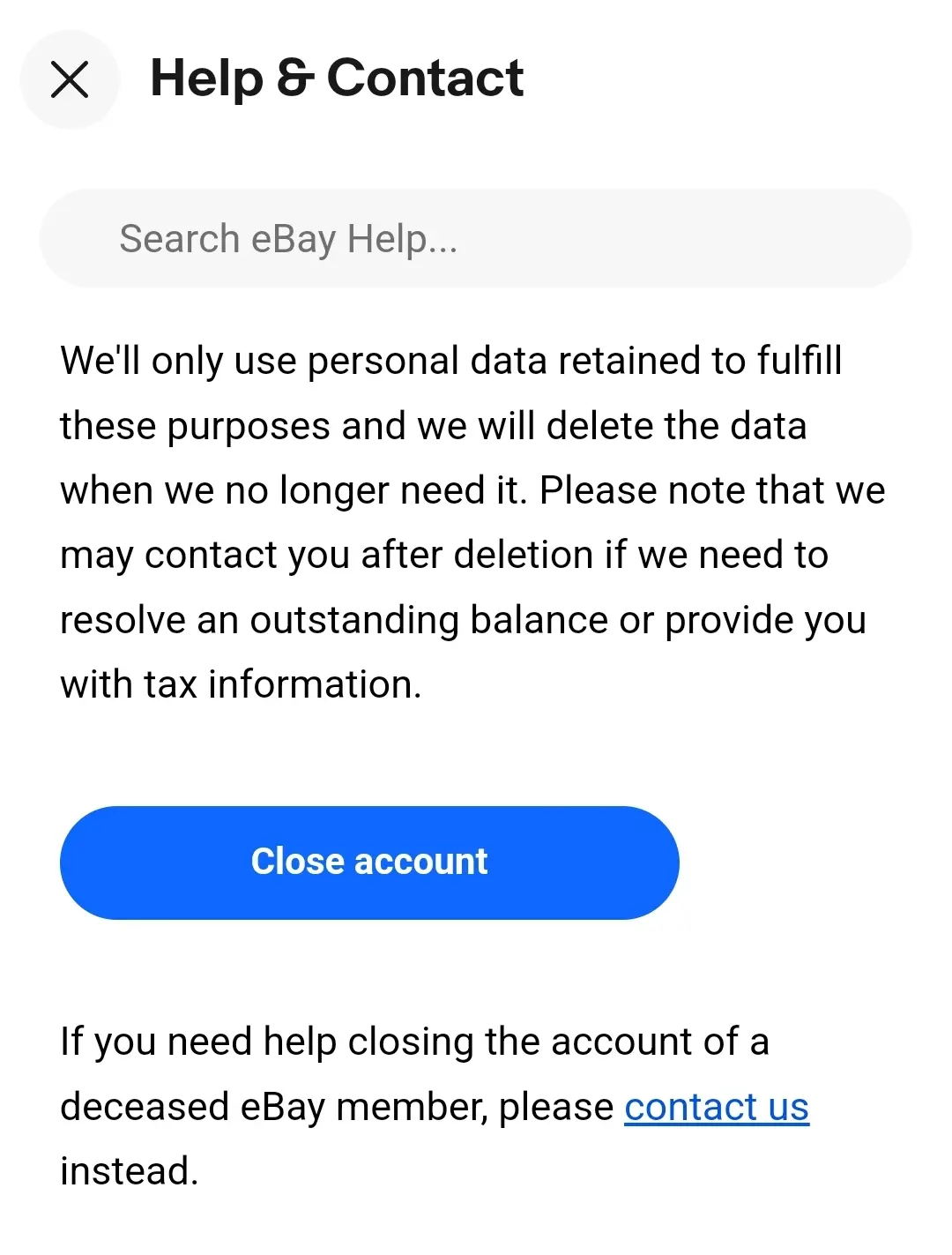 Immagine: Screenshot della pagina di aiuto di eBay “Chiudi l’account” con il relativo campo (in inglese)