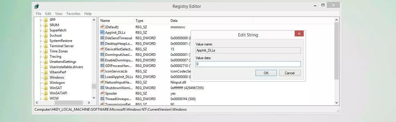 Editor del registro di sistema: assegnazione valore per la voce "AppInit_DLLs"