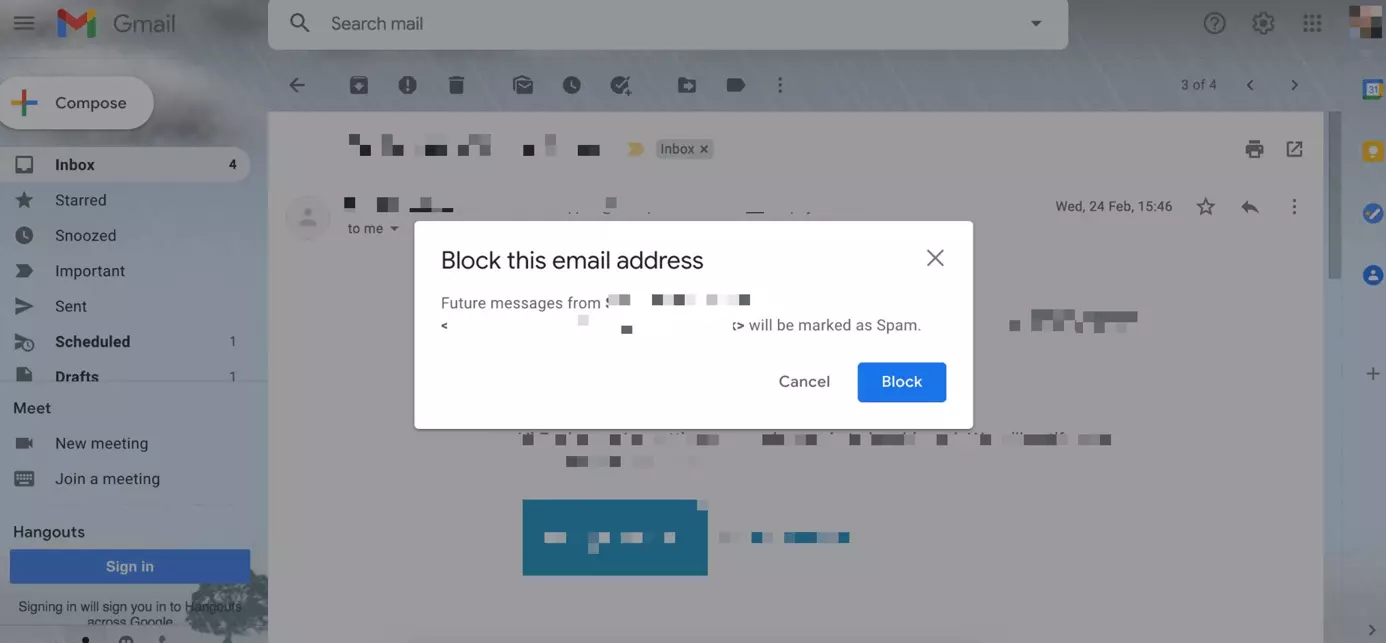 Immagine: Finestra di dialogo “Blocca questo indirizzo e-mail”