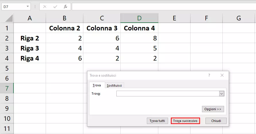 Finestra di dialogo di Excel: Trova e Sostituisci