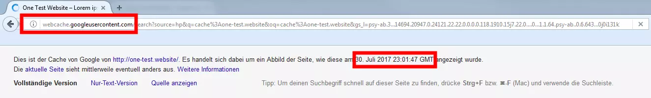 Barra informativa di un sito web caricato dalla cache di Google