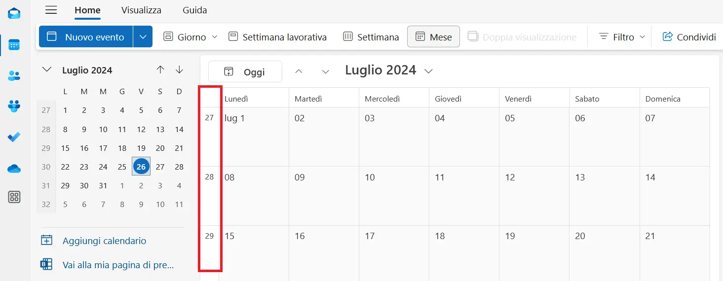 Outlook online con la visualizzazione del numero delle settimane Immagine: Outlook online con la visualizzazione del numero delle settimane