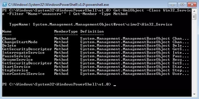Immagine: Risultato della pipeline Get-WmiObject –nomecomputer -Class Win32_Service -Filter "Name='wuauserv'" | Get-Member -Type Method