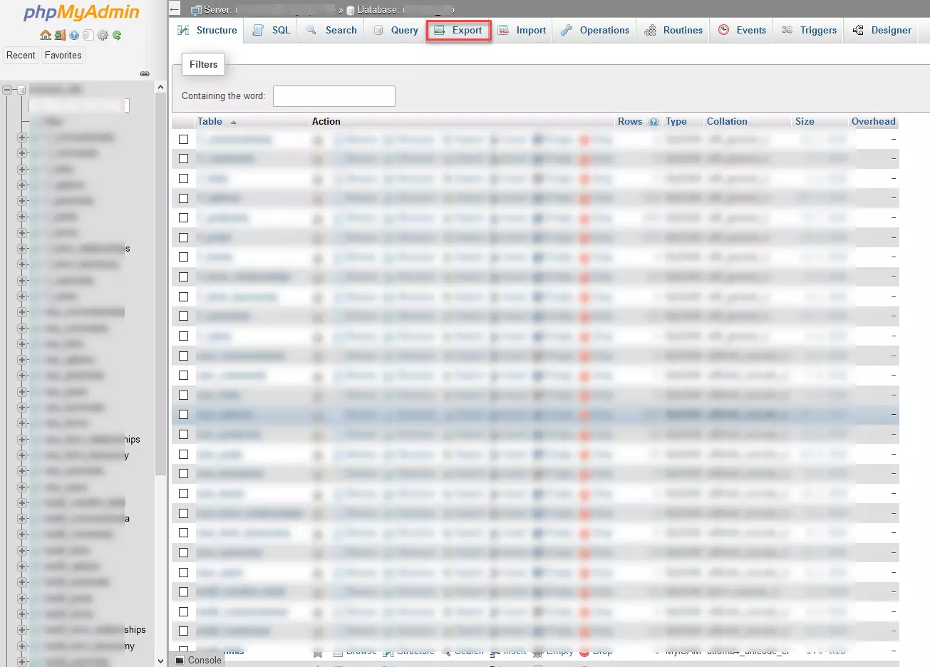 Immagine: phpMyAdmin: database selezionato in dettaglio come tabella 