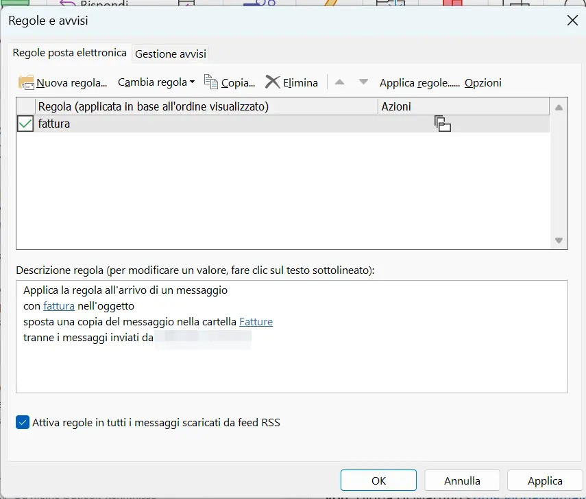 Finestra di dialogo di Outlook “Regole e avvisi” Immagine: Finestra di dialogo di Outlook “Regole e avvisi”