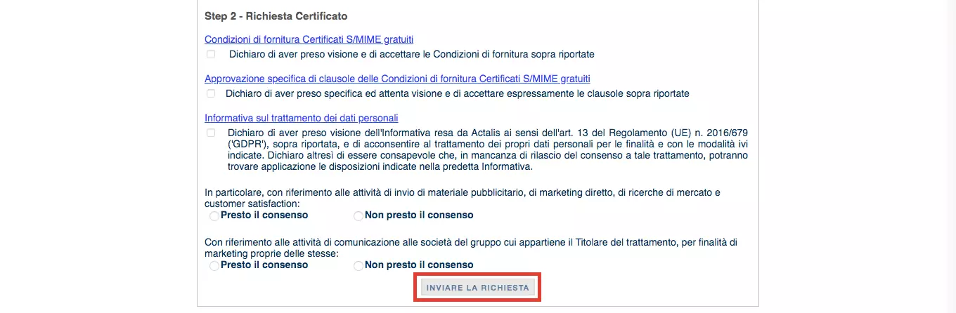 Modulo di Actalis “Free Email Certificate”: secondo passaggio