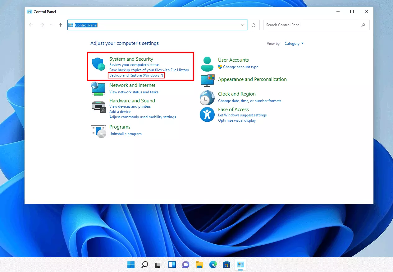 Immagine: “Backup e ripristino” nel pannello di controllo di Windows 11