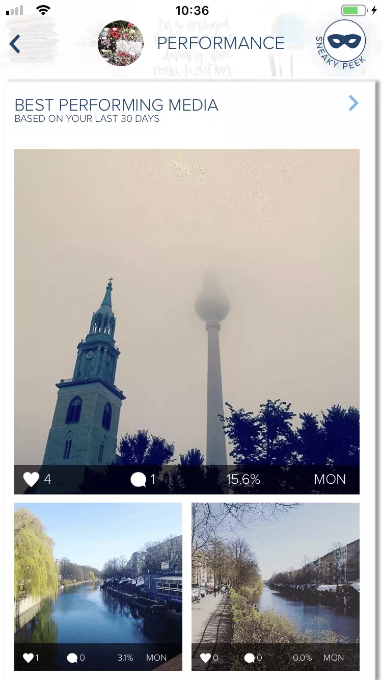 Sezione performance dell’app di statistiche per Instagram, Plann