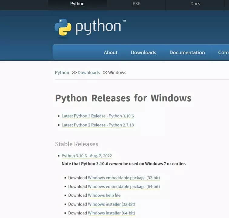 Immagine: Screenshot della pagina di Python per scaricare le versioni Windows