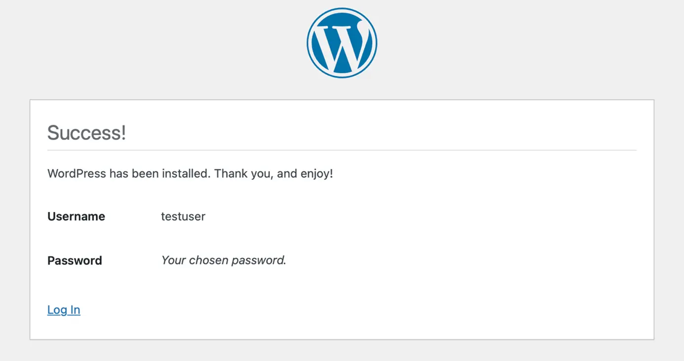 Screenshot del corretto completamento dell’installazione di WordPress Immagine: Screenshot del corretto completamento dell’installazione di WordPress