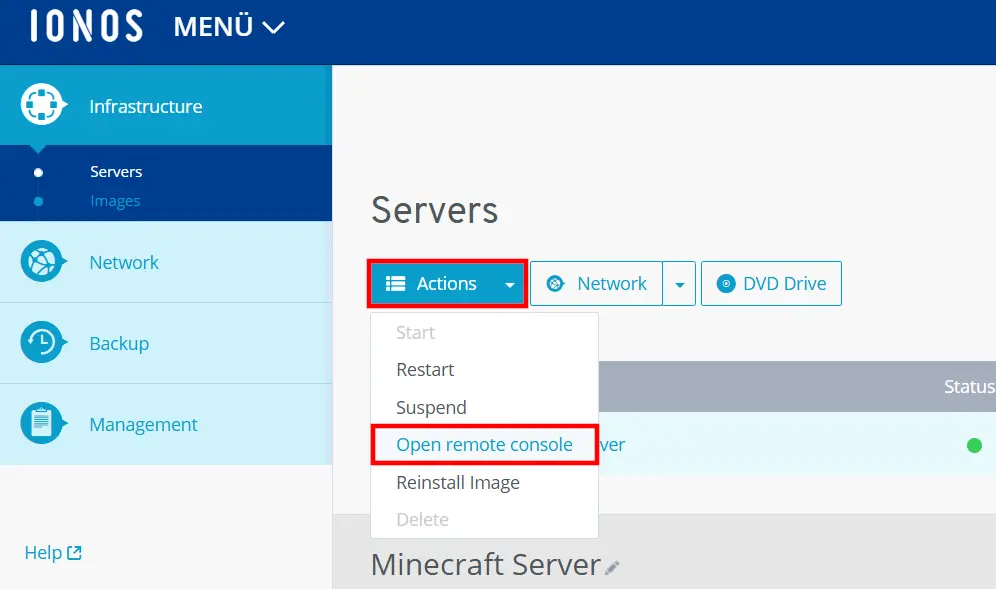 Immagine: Cloud Panel di IONOS: opzione Apri console remota