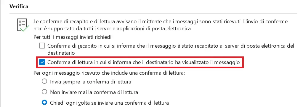Attivazione della conferma di lettura in Outlook Immagine: Attivazione della conferma di lettura in Outlook