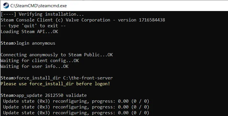 Immagine: Installazione del server dedicato per The Front con SteamCMD