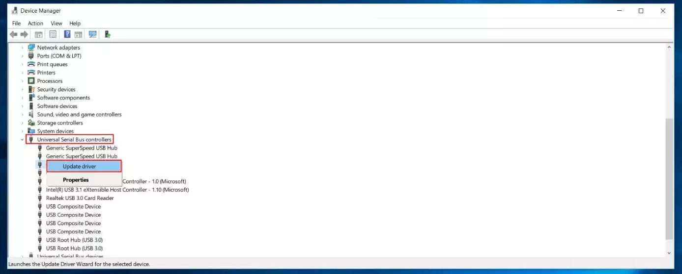 Immagine: Gestione dei controller USB nella Gestione dispositivi di Windows 10