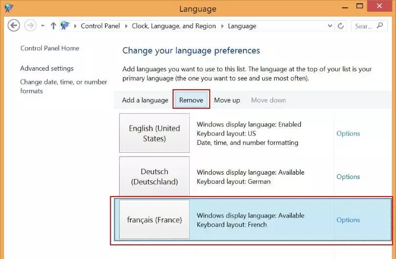 Windows 8: rimozione di una lingua dall’elenco delle lingue