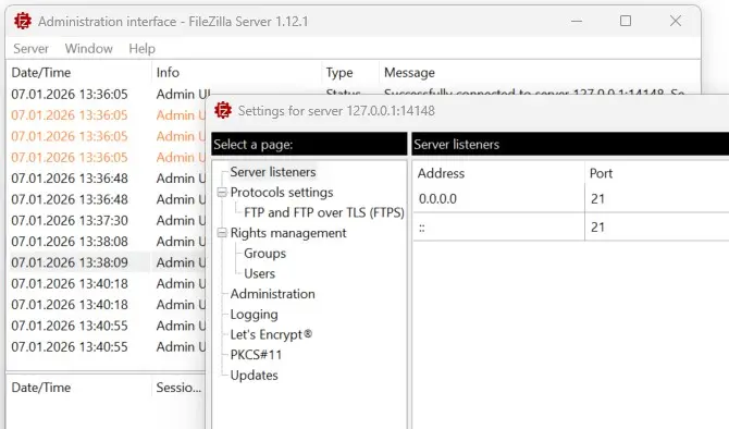 Immagine: Menu del server FileZilla