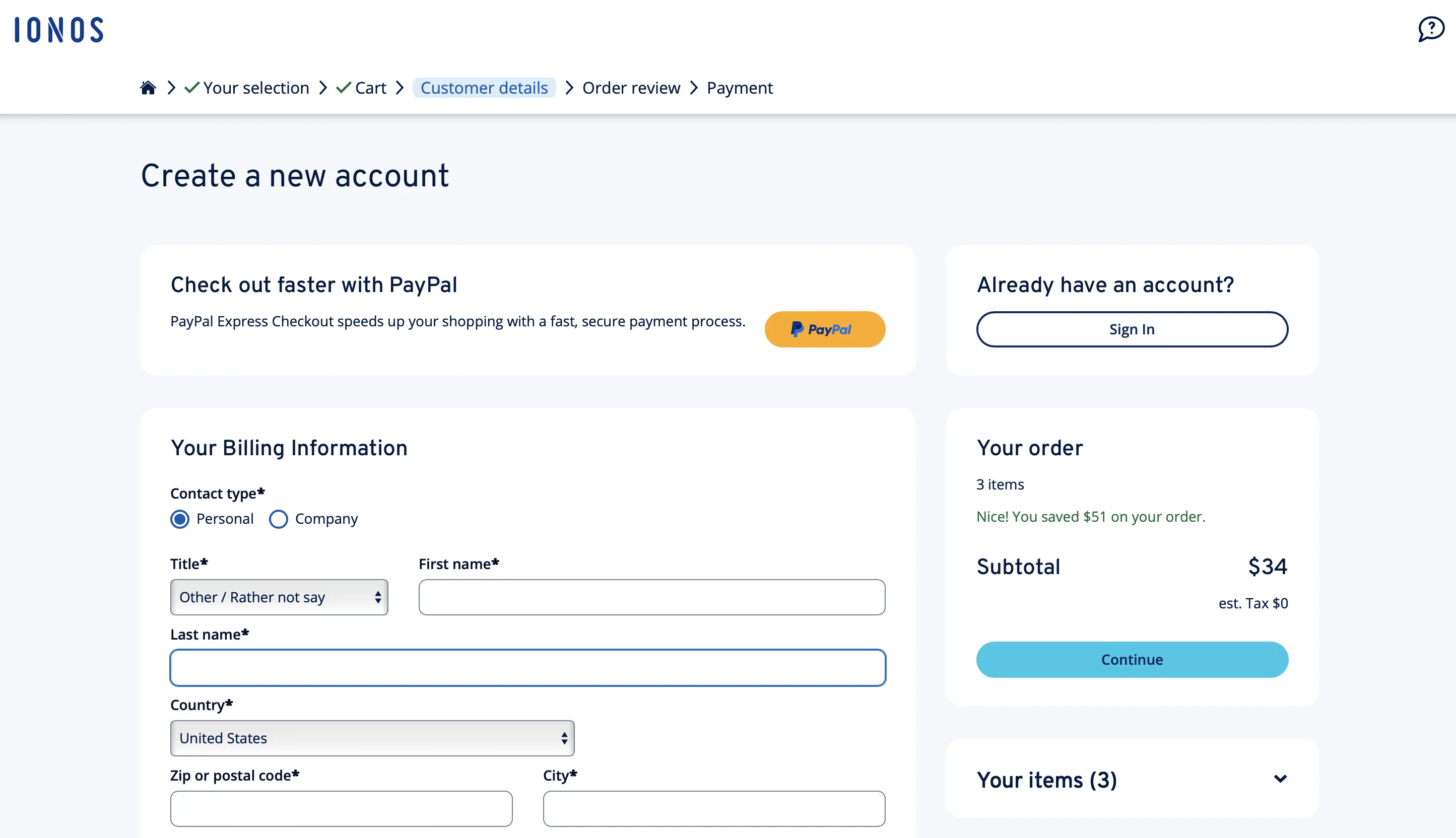 Screenshot della registrazione su IONOS Immagine: Screenshot della registrazione su IONOS
