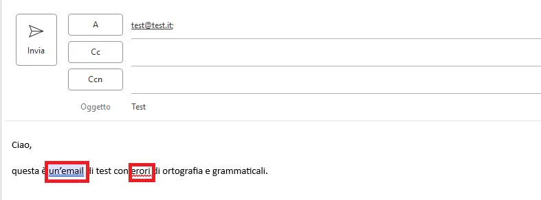 Controllare l’ortografia in Outlook: esempio di segnalazione errori Immagine: Controllare l’ortografia in Outlook: esempio di segnalazione errori