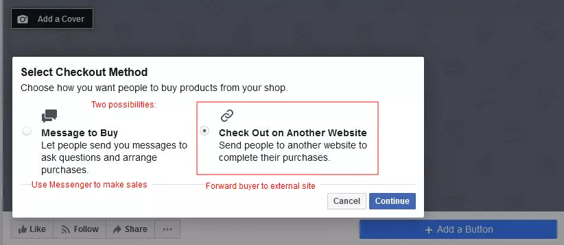 Configurazione del Facebook shop: menu per la scelta della tipologia di vendita