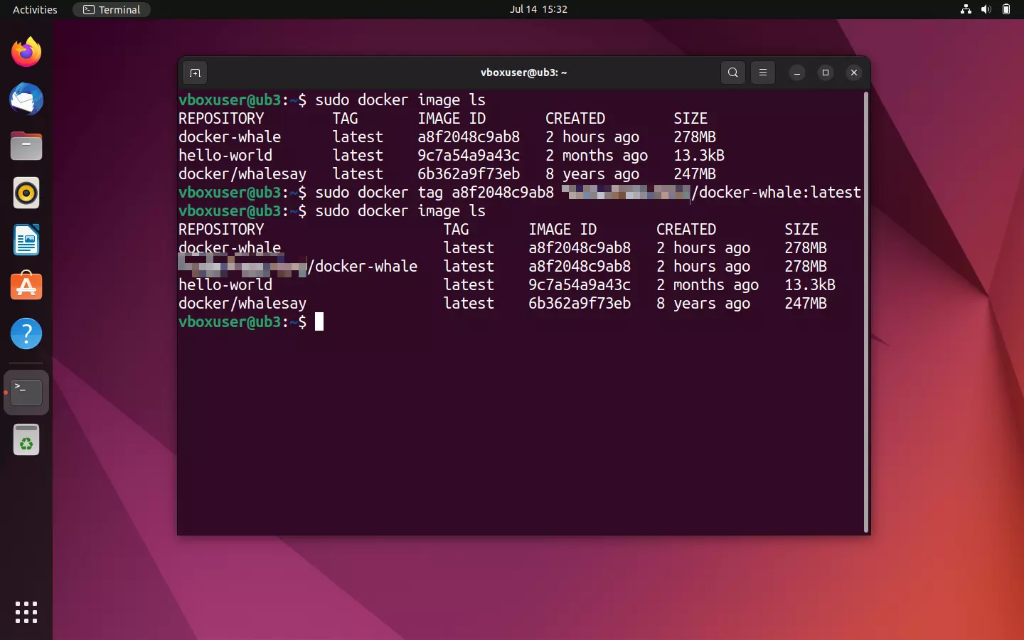 La panoramica delle immagini prima e dopo il tagging sul terminale di Ubuntu La panoramica delle immagini prima e dopo il tagging sul terminale di Ubuntu